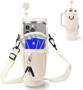 WALLFID Pochette Bouteille Eau pour Stanley 40oz Cup,avec Sangle Ajustable et Poche pour Téléphone,Porte Gourde Sac à Dos avec Couverture de Paille & Mousqueton,pour la Marche et Le Fitness (Blanc)