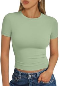 Trendy Queen Womens Basic T Shirts Scoop Neck Short Sleeve Crop Tops Slim Fit Summer Tees Y2k Clothing 2025 Light Green S