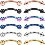 Ruifan 12PCS Assorted Colors Eyebrow Piercing Jewelry Curved Barbell with Balls&Spikes Kit Eyebrow Tragus Lip Ring 16g 16 Gauge 10mm