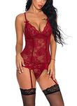 marysgift Lingerie Sets for Women Wireless Adjustable Suspender Belt Lace Baby Doll Underwear for Ladies Nightwear Mini Dress Red L UK 10 12