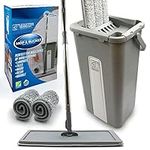 TDBS The Dustpan and Brush Store Floor Mop Bucket Set − Easy Squeeze Bucket, Flat with 2-Pack Replacement Microfibre Pads for All Floors Types, Grey