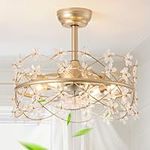 youngrender 20 Inch Gold Caged Ceiling Fan with Light, Flower Chandelier Ceiling Fan with Lights Remote Control, Modern Crystal Fandelier 6 Speeds for Girl's Bedroom, Living Room