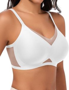 Jiuday Bequem BH ohne Bügel Spitze Mesh Damen BHS Große Brüste Starker Halt Soft Nahtloser Push Up BH ohne Buegel Gepolstert Stütz Bügellos Bralette (Weiß,3XL)