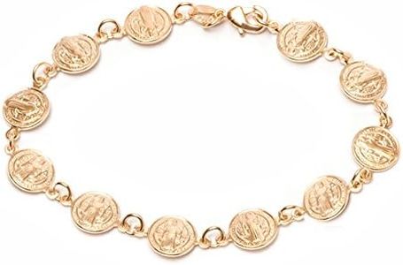 Barzel 18K Gold Plated Religious Bracelet with Saint Benedict Coins, 7.5 Inches - Made In Brazil