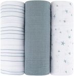 Ely's & Co. Muslin Swaddle Blanket 3-Pack for Baby Boy— 100% Cotton Muslin Extra-Large Swaddle Blankets (47”x 47”) — (Misty Blue Stars│Solid│Stripes)