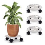 Sharpex Pack of 4 Metal Caddy Iron Dolly on Round Rack Rustproof Sturdy Potted Indoor Outdoor Plant Stand/Trolley With Locking Wheels for Balcony, Living Room, Home and Garden (White)