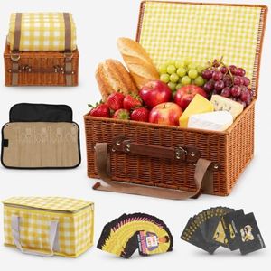 Picnic Basket Set for 2, Wicker Picnic Basket with Insulated Cooler Bag, 79" Waterproof Picnic Blanket, Cutlery Storage Organizer & Bonus Game Cards, Gift Ready Picnic Set for Couples, Camping & Beach