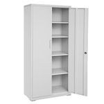 SONGMICS Storage Cabinet, Multi-Purpose 5-Tier Steel Cupboard, with Adjustable Shelves, Double Doors, Lock, Tool Chest, for Garage, Study, Grey OMC015G01