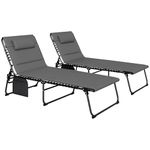 Outsunny Folding Chaise Lounge Chair Set of 2, Reclining Outdoor Lounge Chair Set with Quick Drying Pad Headrest Side Pocket, Tanning Chair Set for Beach Garden Pool, Light Grey