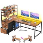 Bepatio 55" Gaming Desk with Remote LED Lights and Power Outlet, L Shaped Desk Reversible Computer Desk with Fabric Drawers and Storage Shelf, Home Office Desk for Living Room, Bedroom, Rustic Brown