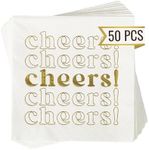 Pack of 50 Cheers in White And Gold Foil Birthday Napkins - 3 Ply Disposable Bar Napkins - Wedding Cocktail Napkins Bachelorette Napkins Engagement Napkins - Cheers Cocktail Napkins