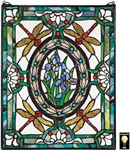 Design Toscano Dragonfly Floral Stained Glass Window Hanging Panel, 25 Inch, Stained Glass, Full Color Purple Iris