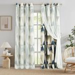 Leeva Blue Geometric Blackout Curtains with Sheer Overlay, Modern Grommet Top Double Layer Room Darkening Privacy Window Curtain Drapes for Bedroom Living Room, 52W X 63L