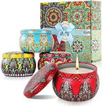 SATYAM KRAFT 4 Pcs Tin Can Aroma Round Shape Scented Soy Wax Candle Set, Eco Friendly Printed for Gift Candlelight Dinner, Home Decoration, Aroma Fragrance, Diwali(pcs of 4) (Random Color)