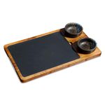 Serving Board Made of Acacia Wood with Slate Plate, 34 x 20 cm, 2 Ceramic Sauces Bowls for Steak Sushi Steak Plate Slate Plate Serving Plate for Grilling and Serving