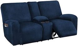 LINFKY Recliner Loveseat Covers with Middle Console, 8-Piece Stretch Velvet Loveseat Reclining Couch Slipcovers for 2 Cushion Sofa Slipcovers Furniture Covers Thick Soft Washable (Navy)