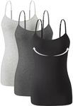 Knuffnee Womens Camisole with Shelf Bra Cotton Camis Undershirts Adjustable Spaghetti Strap Tank Tops 3 Pack Grey/Dark Grey/Black M