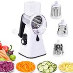 Rotary Cheese Grater Handheld Vegetable Slicer with 3 Stainless Steel Drum Blades, Carrot Grater for Kitchen, Slicer Shredder for Cheese, Cucumber, Nuts, Strong Suction Base, Easy to Use - White