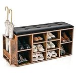 Tangkula Shoe Storage Bench with Umbrella Stand, 10-Cube Entryway Bench with Adjustable Shelf & Padded Cushion, Cubby Shoe Rack Organizer for Living Room, Bedroom & Checkroom, Rustic Brown & Black