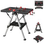 GiantexUK Folding Workbench, Height Adjustable Flip-Top Work Bench Tool Stand with Functional Clamping System, Portable Work Table Sawhorse for Wood Processing Engineering Repairing (Black+Red)