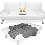Best Choice Products Faux Leather Upholstered Modern Convertible Futon, Adjustable Folding Sofa Bed, Guest Bed w/Removable Armrests - White