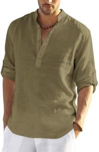 COOFANDY Men's Cotton Linen Henley T-Shirts Long Sleeve Hippie Casual Beach T-Shirts Army Green