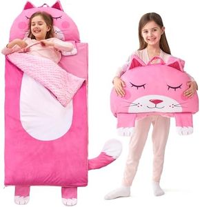 JOIEDOMI Kids Sleeping Bag Toddler Nap Mat with Pillow & Blanket 60" x 27" for Kids Ages 3+ Soft Plush Sleeping Mat Pink Cat for Preschool and Boys Girls Kindergarten Daycare Sleepover