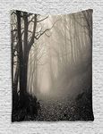 Ambesonne Gothic Tapestry, Pathway on The Gothic Forest Trees Trough Foggy Mysterious Nature Monochrome Artwork, Wall Hanging for Bedroom Living Room Dorm Decor, 40" X 60", Beige