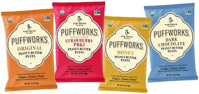Puffworks Four Flavor Variety Pack Organic Peanut Butter Puffs (Original, PBJ, Dark Chocolate, Honey), Plant-Based Protein Snack, Gluten-Free, Kosher 1.2oz Ounce (Pack of 12)