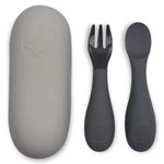 TUM TUM Silicone Baby Cutlery with Travel Case - Baby Spoon & Fork Set - Designed with Feeding Specialist - Baby Led Weaning Utensils - Dishwasher, Steriliser Friendly - BPA Free - 6m+, Grey