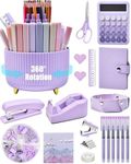Purple Desk Accessories, 20Pce Office Supplies and 360°Pen Holder Desk Organizers, with Tape Dispenser, Stapler, Staple Remover, Ect, Fill Your Desktop with Lovely Colors