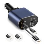 GadgetBite Car Charger 120 Watt 4 in 1 Charger with Retractable Cables & Dual Ports Type C cable and Lighting cable Super Fast Charger Compatible With iPhone 17 to 11 Pro Max Android iPad Pixel - Blue