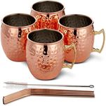 Oak & Steel - 8 Large Moscow Mule Cocktail Mugs, 550ml - Hammered Design Copper Cups Gift Set with Stainless Steel Straws Cleaning Brush