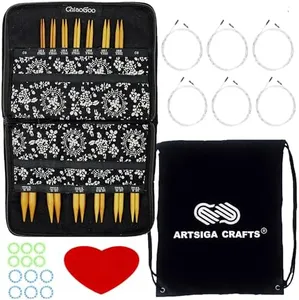 ChiaoGoo Spin Bamboo 4-Inch Complete 2400-C Interchangeable Circular Knitting Needle Set, Sizes US 2, 3, 4, 5, 6, 7, 8, 9, 10, 10.5, 11, 13, 15 with 6 Cords Bundle with 1 Artsiga Crafts Project Bag