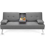 Giantex Modern Convertible Futon Sofa Bed, Linen Upholstered Futon Sofa Sleeper w/Metal Leg, Removable Armrests, 2 Cup Holders, Backrest Adjustable, Folding Futon Sofa Bed for Apartment (Light Gray)