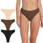 PSEFNAGX Women's High Waist Breathable Seamless Sport Ribbed Cotton Thong Panties No Show Underwear Plus Size, Brown/Flesh/Black, X-Large