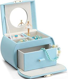 Vlando Musical Jewelry Box for Girls Kids with Drawer, Music Box with Ballerina and Stickers for Birthday Bedroom Decor, Blue