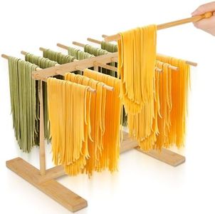 ​​CycForge Bamboo Pasta Drying Rack with 14 Rods & Transfer Wand - Large Capacity Collapsible Stand for Fresh Homemade Spaghetti, Foldable Space Saving Storage​​