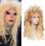 QUEENTAS 70s Wigs for Women Heavy Metal Rocker Mullet Wig 80s Long Curly Costume Anime Hair Wig (Blonde Mix Orange)