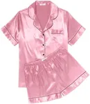 Ekouaer Womens Silk Satin Pajama Sets Soft Short Sleeve Button Down Sleepwear Top and Shorts 2 Piece Pjs Lounge Set,Pink,M