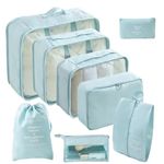 8Pcs Packing Cube Set, Travel Organizer Bags, Luggage Suitcase Organizer, Waterproof Wash Bag Including Large Toiletry Bag, Laundry Bag & Shoes Bag (Light Blue)