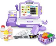 FS Pretend Play Cash Register Toy Preschool Gift for Kids, Classic Count Toy with Sound, Microphone, Scanner, Credit Card, Play Food for Boys & Girls, 57 Pieces Play Set, Ages 3 4 5 6 7, Purple