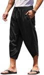 COOFANDY Men's Linen Harem Capri Pants Lightweight Loose 3/4 Shorts Drawstring Elastic Waist Casual Beach Yoga Trousers Black