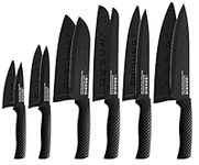 BRANIK 6Pc Black Kitchen Knife Sets with Protective Sheaths & Giftbox, Premium German Steel, Special Non-Stick Coating Making Them Dishwasher Safe.