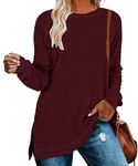 YSYOKOW Women Crewneck Sweatshirt Long Sleeve Pullover Fashion Side Slit Tunic Tops for Leggings(Wine Red, Medium)