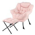 GORELAX Lazy Chair with Ottoman, Modern Accent Chair w/Armrests & Side Pocket, Upholstered Lounge Sofa Chair & Folding Footstool Set, Reading Chair for Bedroom, Living Room, Dorm Room (Plush Pink)