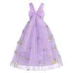 FYMNSI Flower Girl Dresses Fairy Tulle Princess Maxi Long Dress Birthday Party Junior Bridesmaid Kids Sleeveless Back Bowknot Floral Embroidery Formal Evening Pageant Ball Prom Gown Lilac 2-3 Years