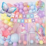 Birthday Decorations for Girls, Macaron Butterfly Birthday Decoration Set with Happy Birthday Banner, Butterfly Foil Balloons, Pastel Butterfly Party Supplies for Baby Girl Birthday Decoration