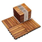 Idzo Interlocking Deck Tiles - 10PCS Waterproof Acacia Wood Patio Tiles, Flooring Tiles for Both Indoor and Outdoor - Decking Stripe Pattern, Golden Teak, 12 x 12 x 0.9 inches