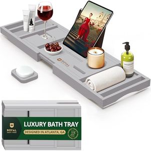 ROYAL CRAFT WOOD Luxury Bamboo Bathtub Caddy Tray with Book and Wine Holder - One or Two Person Bath and Bed Tray with Extending Sides - Free Soap Dish - Gray